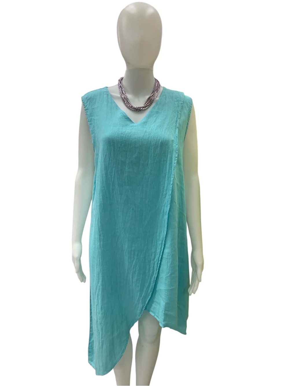 Match Point Linen Sleeveless Turquoise Asymmetrical Wrap Dress Size L